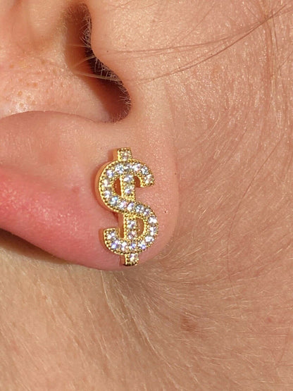 HarlemBling Real 925 Sterling Silver 14k Gold Men Ladies Dollar Sign dollar Earrings Studs Iced