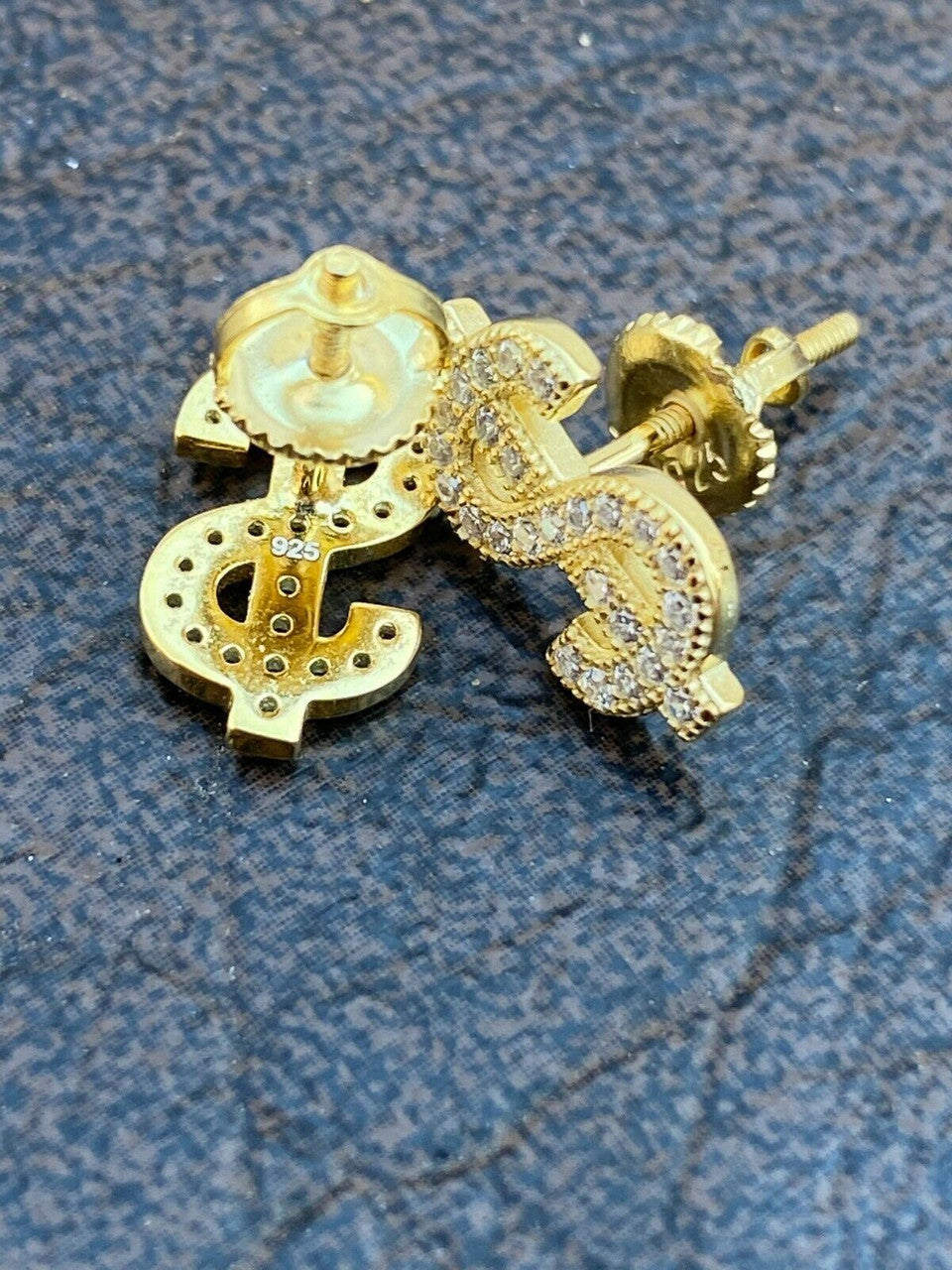 HarlemBling Real 925 Sterling Silver 14k Gold Men Ladies Dollar Sign dollar Earrings Studs Iced