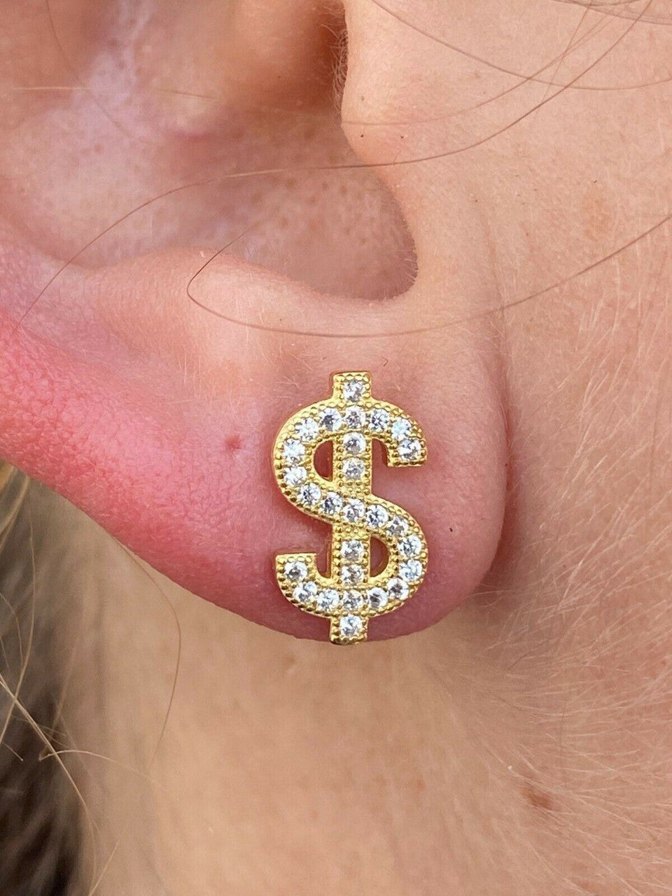HarlemBling Real 925 Sterling Silver 14k Gold Men Ladies Dollar Sign dollar Earrings Studs Iced