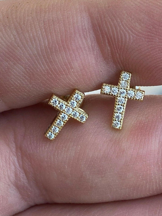HarlemBling Real 925 Sterling Silver 14k Gold Plated Men Ladies Cross Earrings Studs Iced CZ