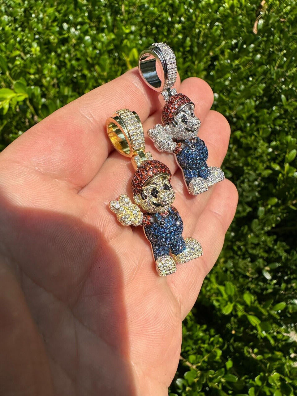 HarlemBling Real 925 Sterling Silver / 14k Gold Plated Super Mario Bros Pendant CZ Iced