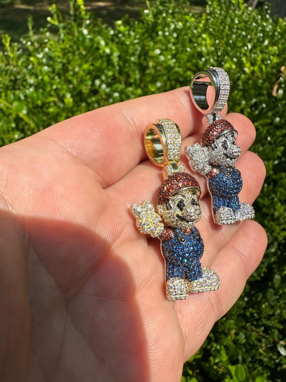 HarlemBling Real 925 Sterling Silver / 14k Gold Plated Super Mario Bros Pendant CZ Iced