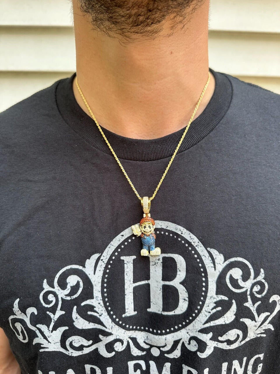 HarlemBling Real 925 Sterling Silver / 14k Gold Plated Super Mario Bros Pendant CZ Iced
