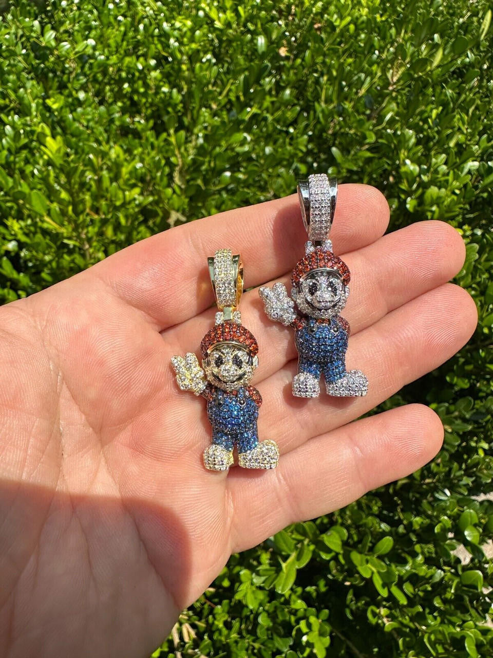 HarlemBling Real 925 Sterling Silver / 14k Gold Plated Super Mario Bros Pendant CZ Iced