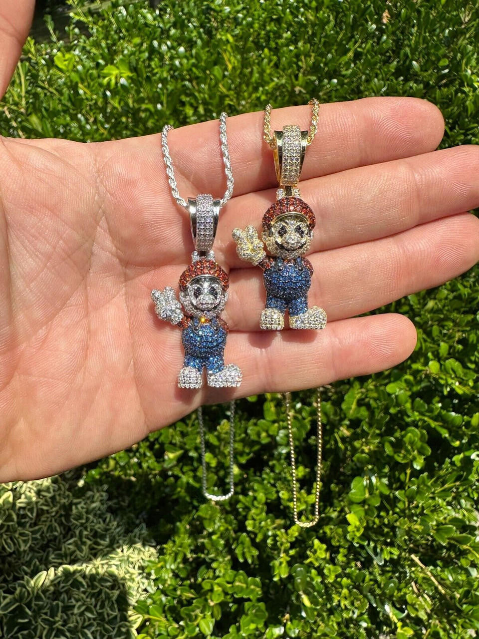 Super Mario Bros Iced Out Pendant - 14k Gold Vermeil Or 925 Silver - CZ Stones - Medium 2"