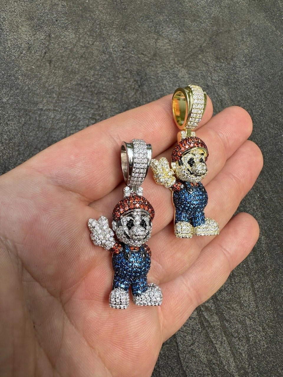 HarlemBling Real 925 Sterling Silver / 14k Gold Plated Super Mario Bros Pendant CZ Iced
