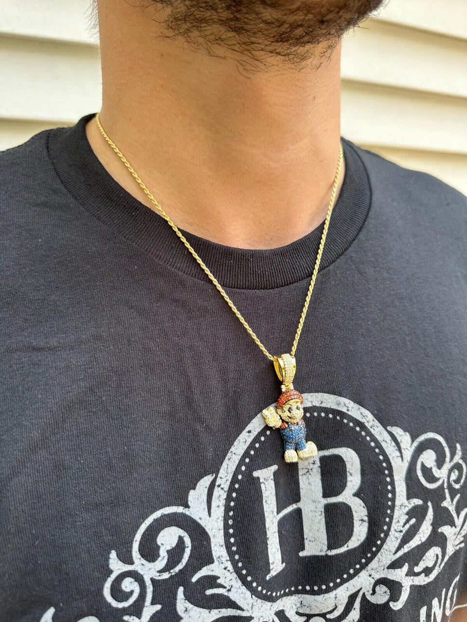HarlemBling Real 925 Sterling Silver / 14k Gold Plated Super Mario Bros Pendant CZ Iced