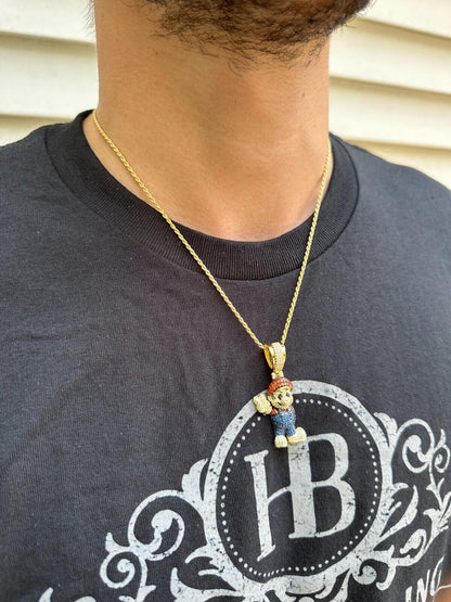 HarlemBling Real 925 Sterling Silver / 14k Gold Plated Super Mario Bros Pendant CZ Iced