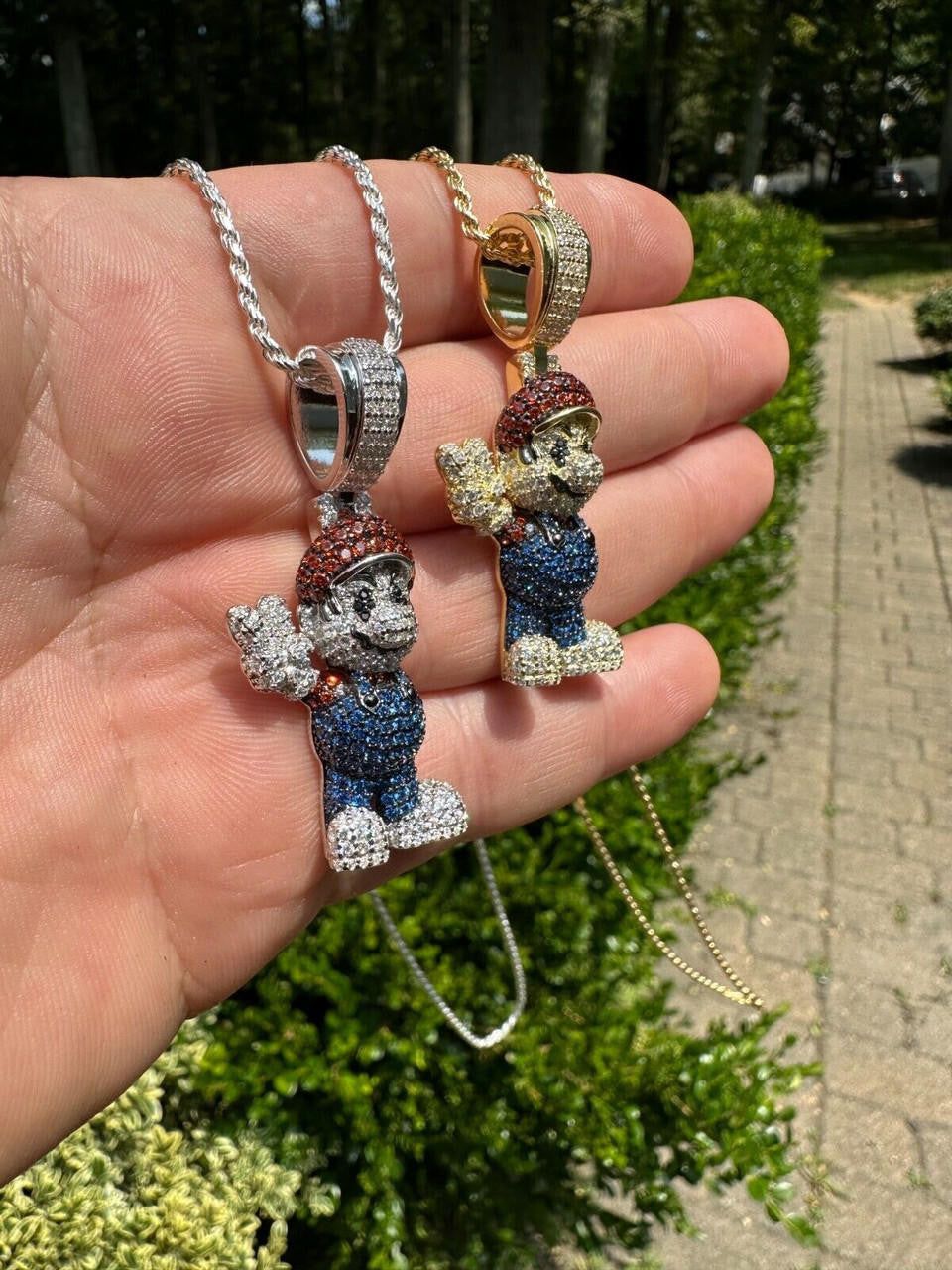 HarlemBling Real 925 Sterling Silver / 14k Gold Plated Super Mario Bros Pendant CZ Iced