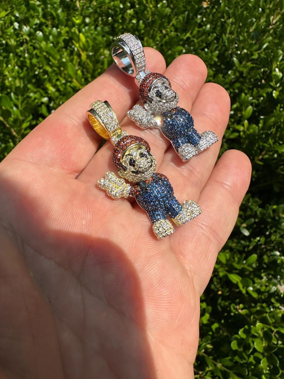 HarlemBling Real 925 Sterling Silver / 14k Gold Plated Super Mario Bros Pendant CZ Iced