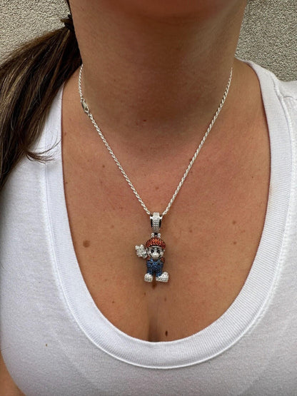 HarlemBling Real 925 Sterling Silver / 14k Gold Plated Super Mario Bros Pendant CZ Iced