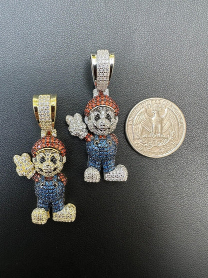 HarlemBling Real 925 Sterling Silver / 14k Gold Plated Super Mario Bros Pendant CZ Iced