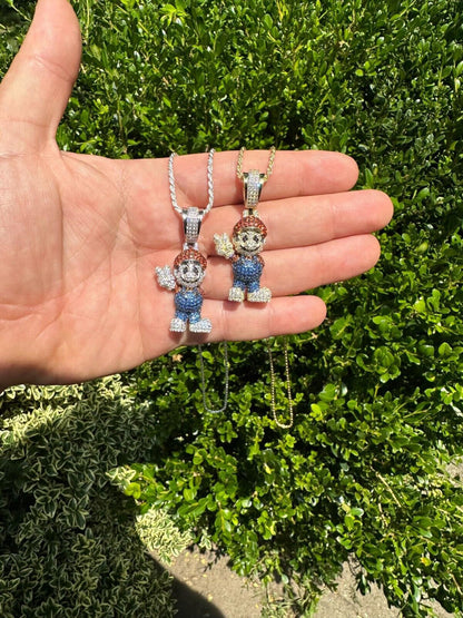 HarlemBling Real 925 Sterling Silver / 14k Gold Plated Super Mario Bros Pendant CZ Iced