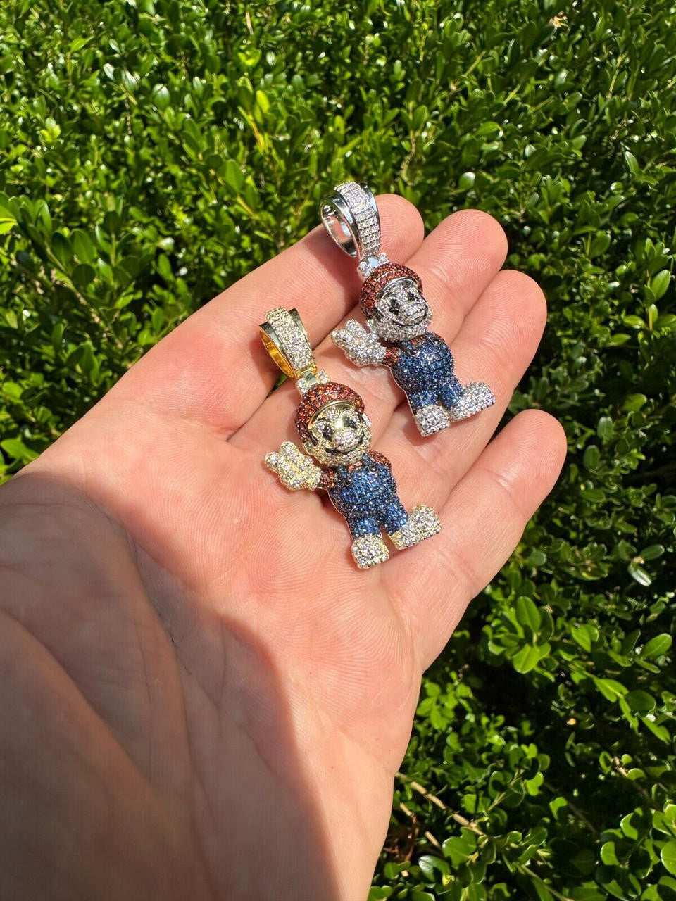 HarlemBling Real 925 Sterling Silver / 14k Gold Plated Super Mario Bros Pendant CZ Iced