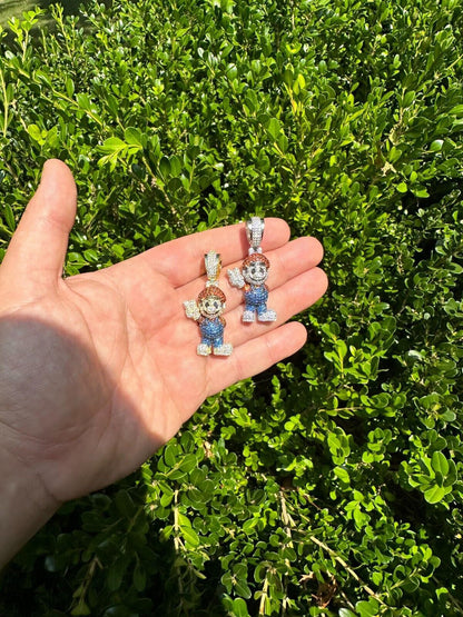 HarlemBling Real 925 Sterling Silver / 14k Gold Plated Super Mario Bros Pendant CZ Iced