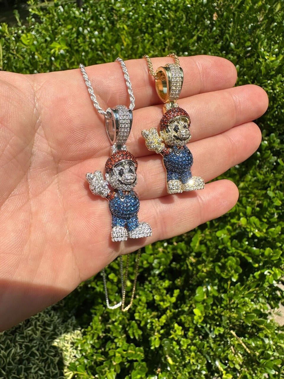HarlemBling Real 925 Sterling Silver / 14k Gold Plated Super Mario Bros Pendant CZ Iced