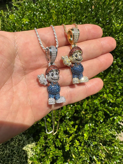 HarlemBling Real 925 Sterling Silver / 14k Gold Plated Super Mario Bros Pendant CZ Iced