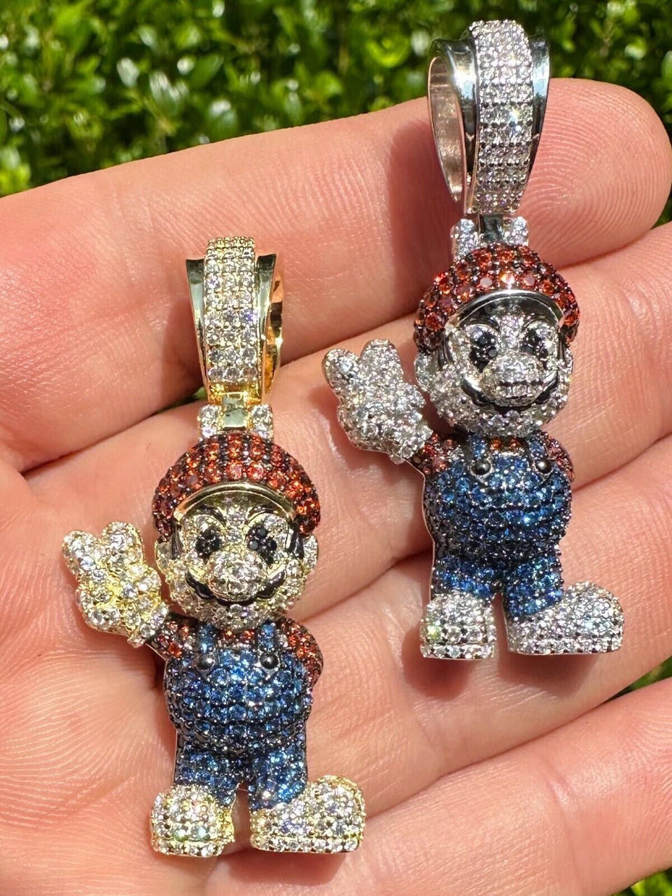 Super Mario Bros Iced Out Pendant - 14k Gold Vermeil Or 925 Silver - CZ Stones - Medium 2"
