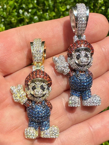 HarlemBling Real 925 Sterling Silver / 14k Gold Plated Super Mario Bros Pendant CZ Iced