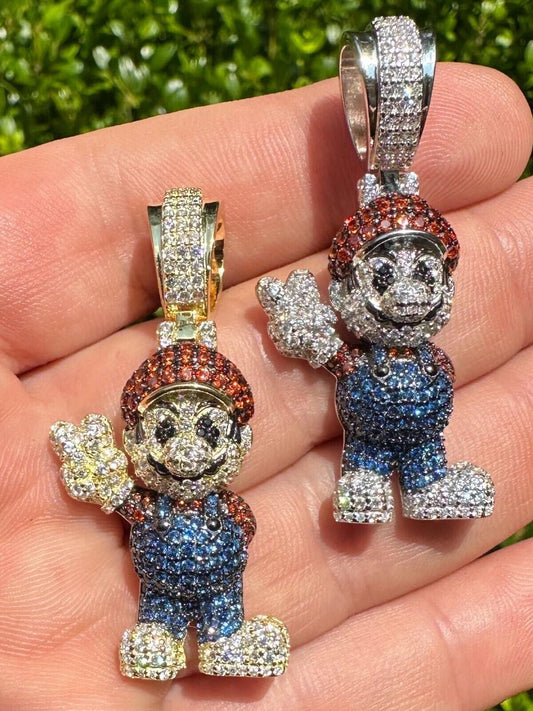 HarlemBling Real 925 Sterling Silver / 14k Gold Plated Super Mario Bros Pendant CZ Iced