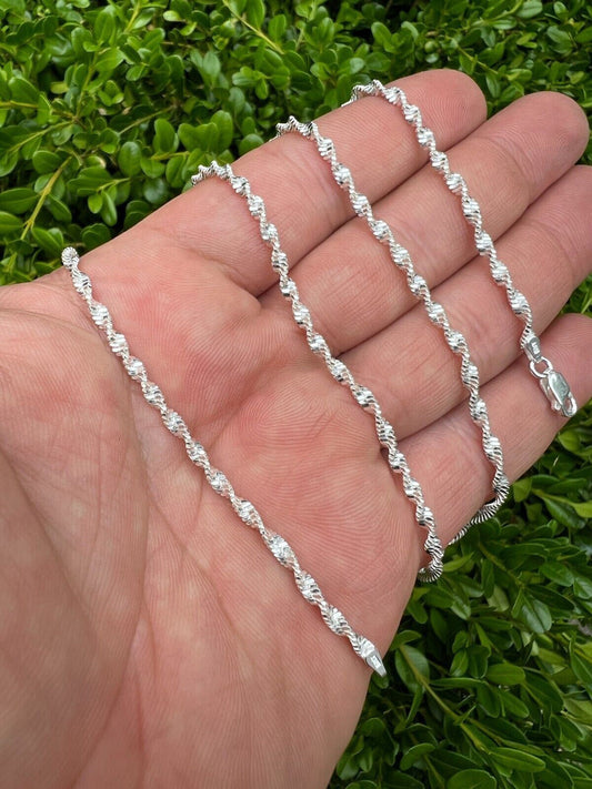 HarlemBling Real 925 Sterling Silver 2.5mm Loose Singapore Rope Chain Necklace Mens Ladies