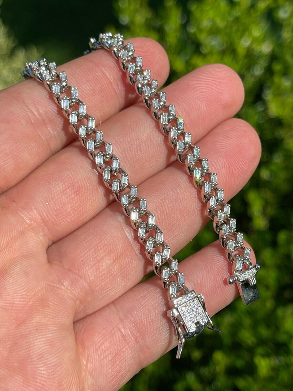 HarlemBling Real 925 Sterling Silver 6mm Iced Miami Cuban Bracelet Hip Hop Baguette Diamond