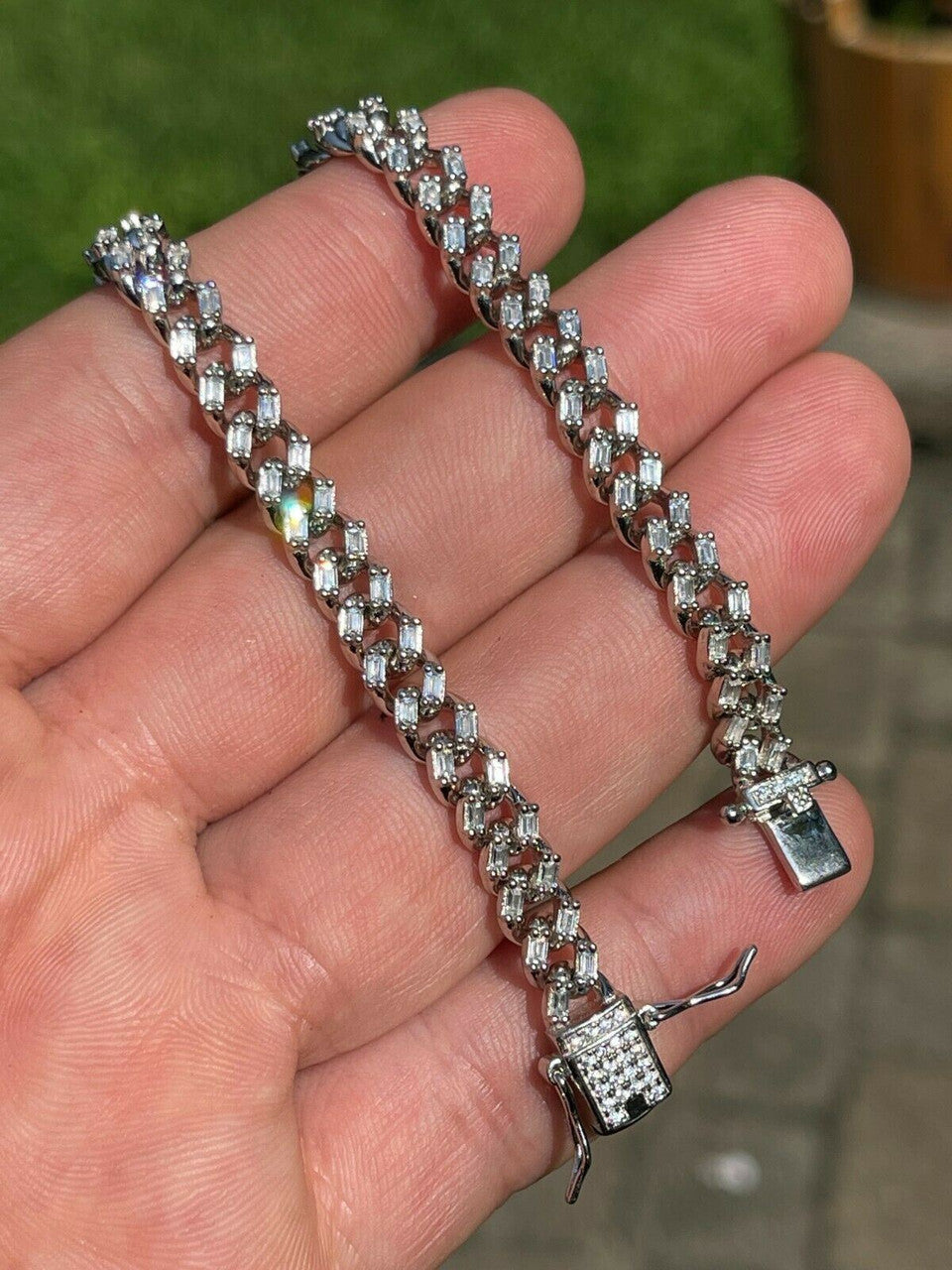 HarlemBling Real 925 Sterling Silver 6mm Iced Miami Cuban Bracelet Hip Hop Baguette Diamond