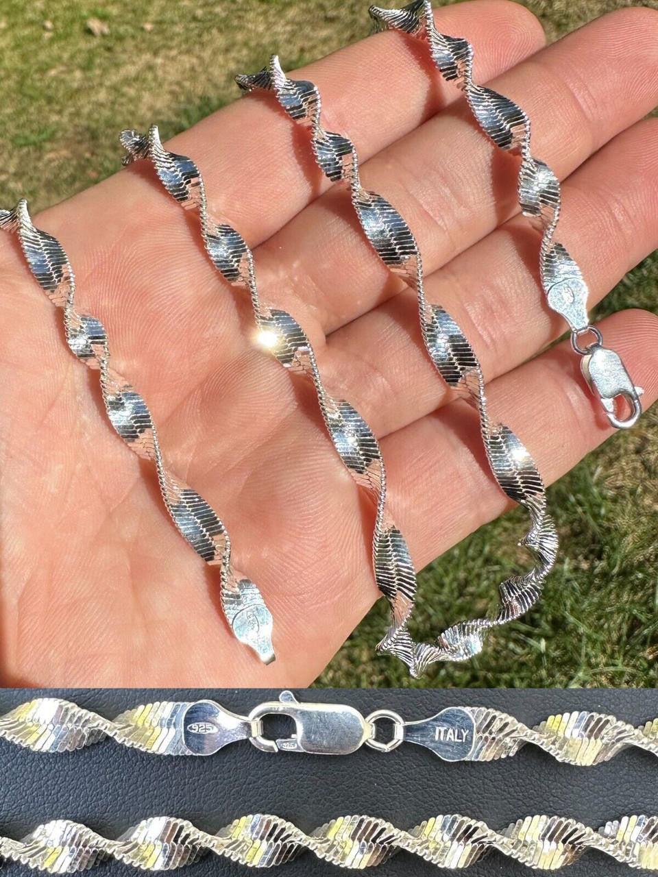 HarlemBling Real 925 Sterling Silver 6mm Loose Singapore Rope Chain Necklace Herringbone