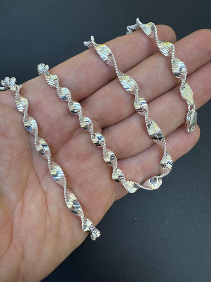 HarlemBling Real 925 Sterling Silver 6mm Loose Singapore Rope Chain Necklace Herringbone