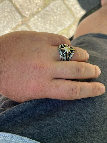 HarlemBling Real 925 Sterling Silver and 10k Gold Mens Nautical Compass Star Ring Sizes 7-13