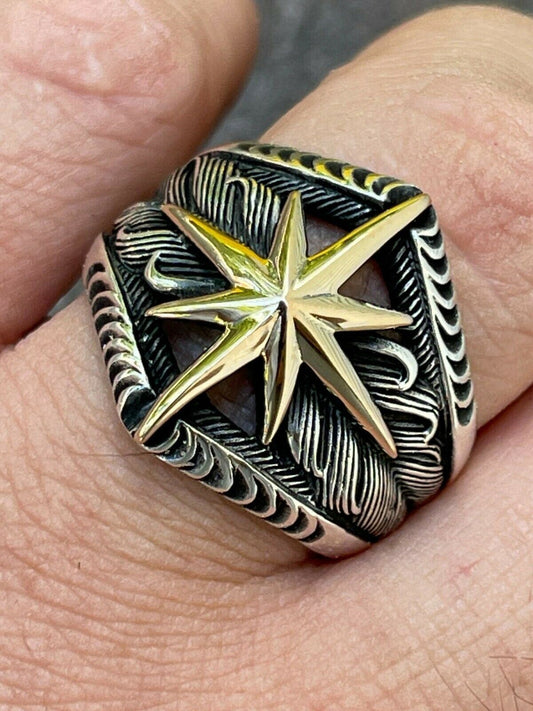 HarlemBling Real 925 Sterling Silver and 10k Gold Mens Nautical Compass Star Ring Sizes 7-13