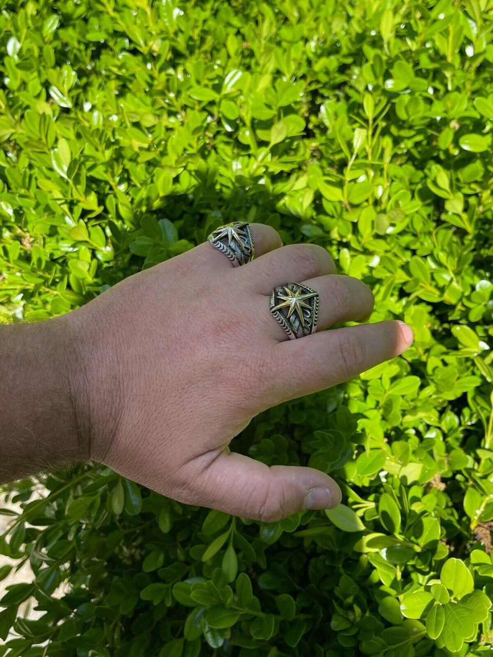 HarlemBling Real 925 Sterling Silver and 10k Gold Mens Nautical Compass Star Ring Sizes 7-13