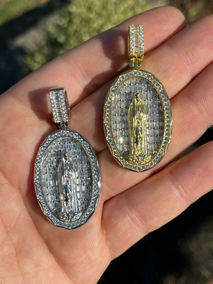 HarlemBling Real 925 Sterling Silver and 14k Gold - Virgin Mary Necklace Iced Baguette Pendant