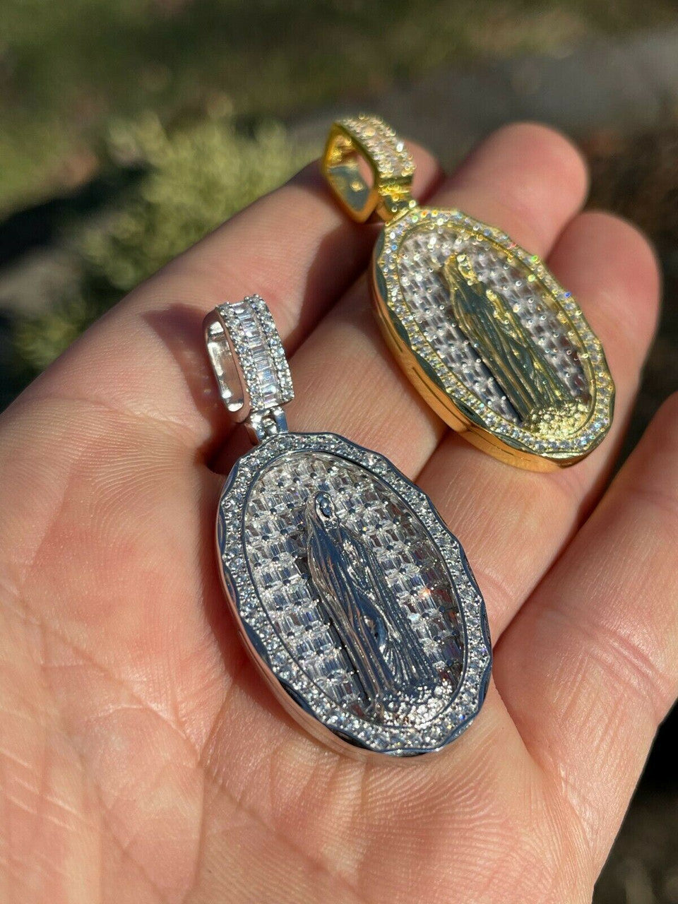 HarlemBling Real 925 Sterling Silver and 14k Gold - Virgin Mary Necklace Iced Baguette Pendant