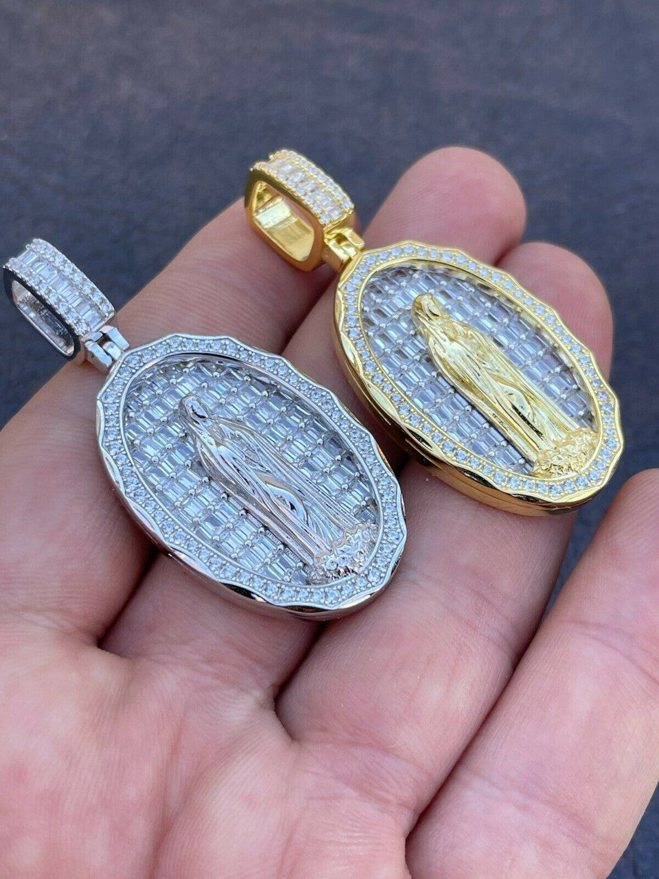 HarlemBling Real 925 Sterling Silver and 14k Gold - Virgin Mary Necklace Iced Baguette Pendant