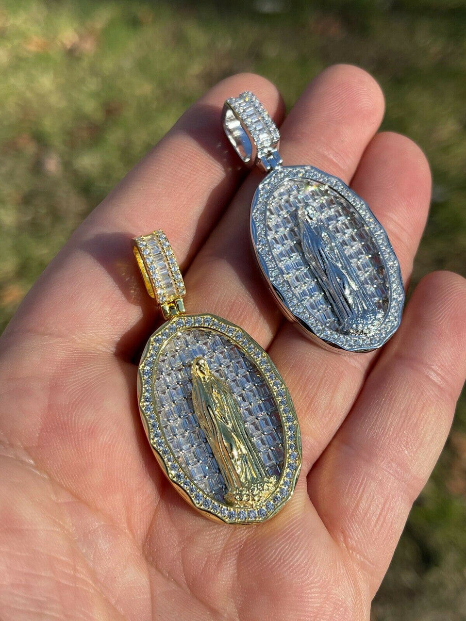 HarlemBling Real 925 Sterling Silver and 14k Gold - Virgin Mary Necklace Iced Baguette Pendant