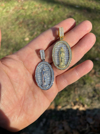 HarlemBling Real 925 Sterling Silver and 14k Gold - Virgin Mary Necklace Iced Baguette Pendant