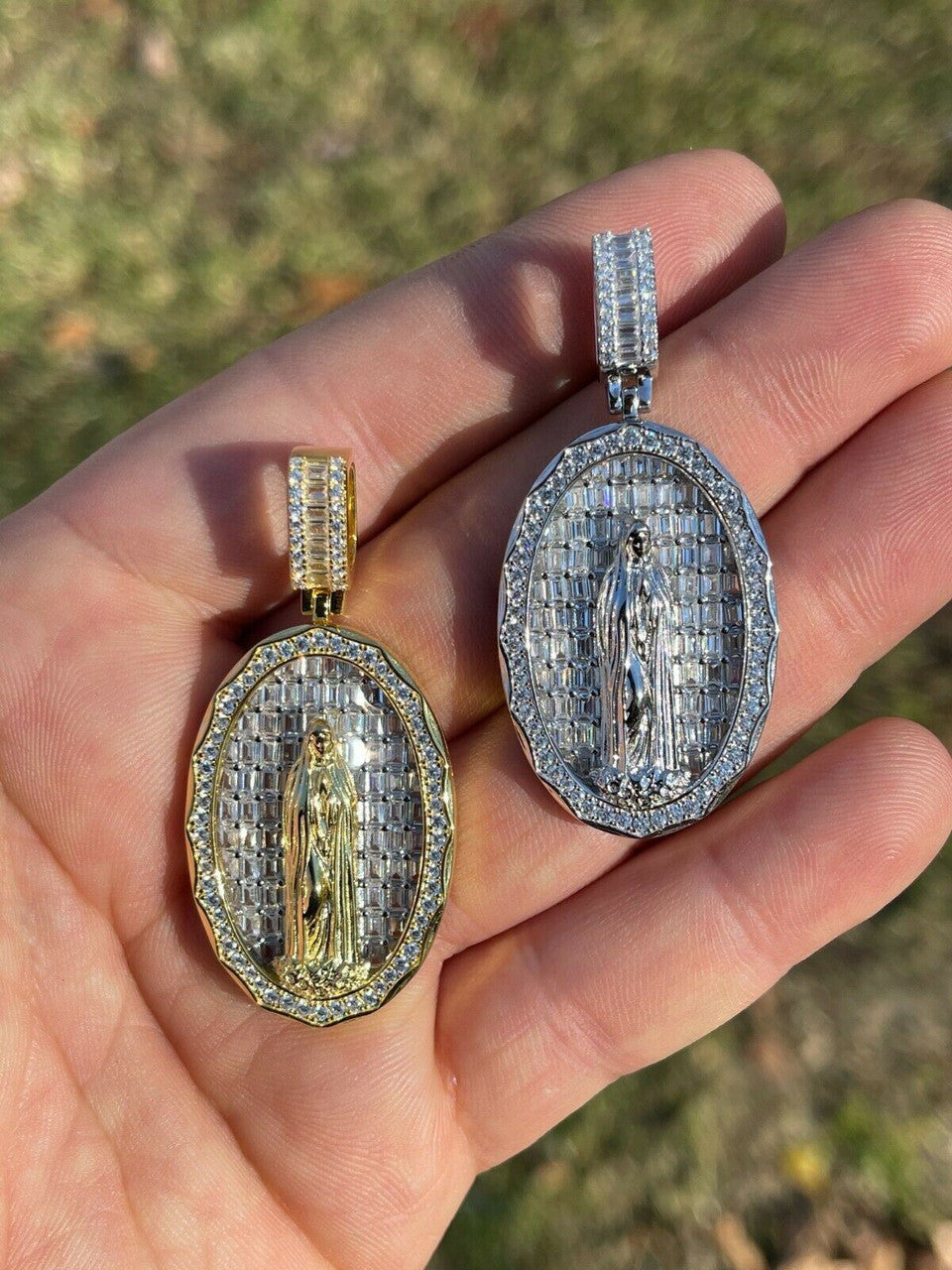 HarlemBling Real 925 Sterling Silver and 14k Gold - Virgin Mary Necklace Iced Baguette Pendant
