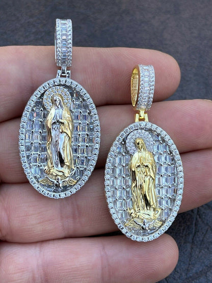 HarlemBling Real 925 Sterling Silver and 14k Gold - Virgin Mary Necklace Iced Diamond Pendant