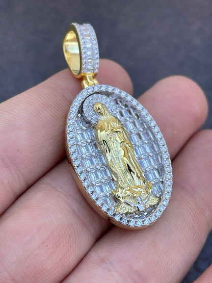 HarlemBling Real 925 Sterling Silver and 14k Gold - Virgin Mary Necklace Iced Diamond Pendant