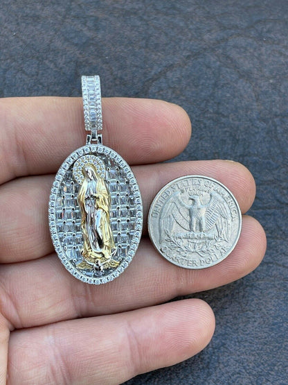 HarlemBling Real 925 Sterling Silver and 14k Gold - Virgin Mary Necklace Iced Diamond Pendant