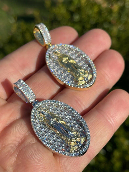 HarlemBling Real 925 Sterling Silver and 14k Gold - Virgin Mary Necklace Iced Diamond Pendant
