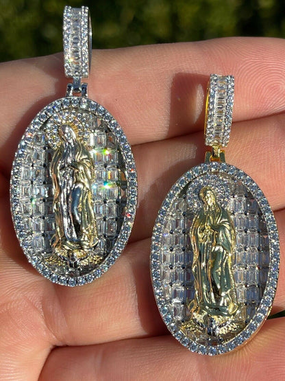 HarlemBling Real 925 Sterling Silver and 14k Gold - Virgin Mary Necklace Iced Diamond Pendant