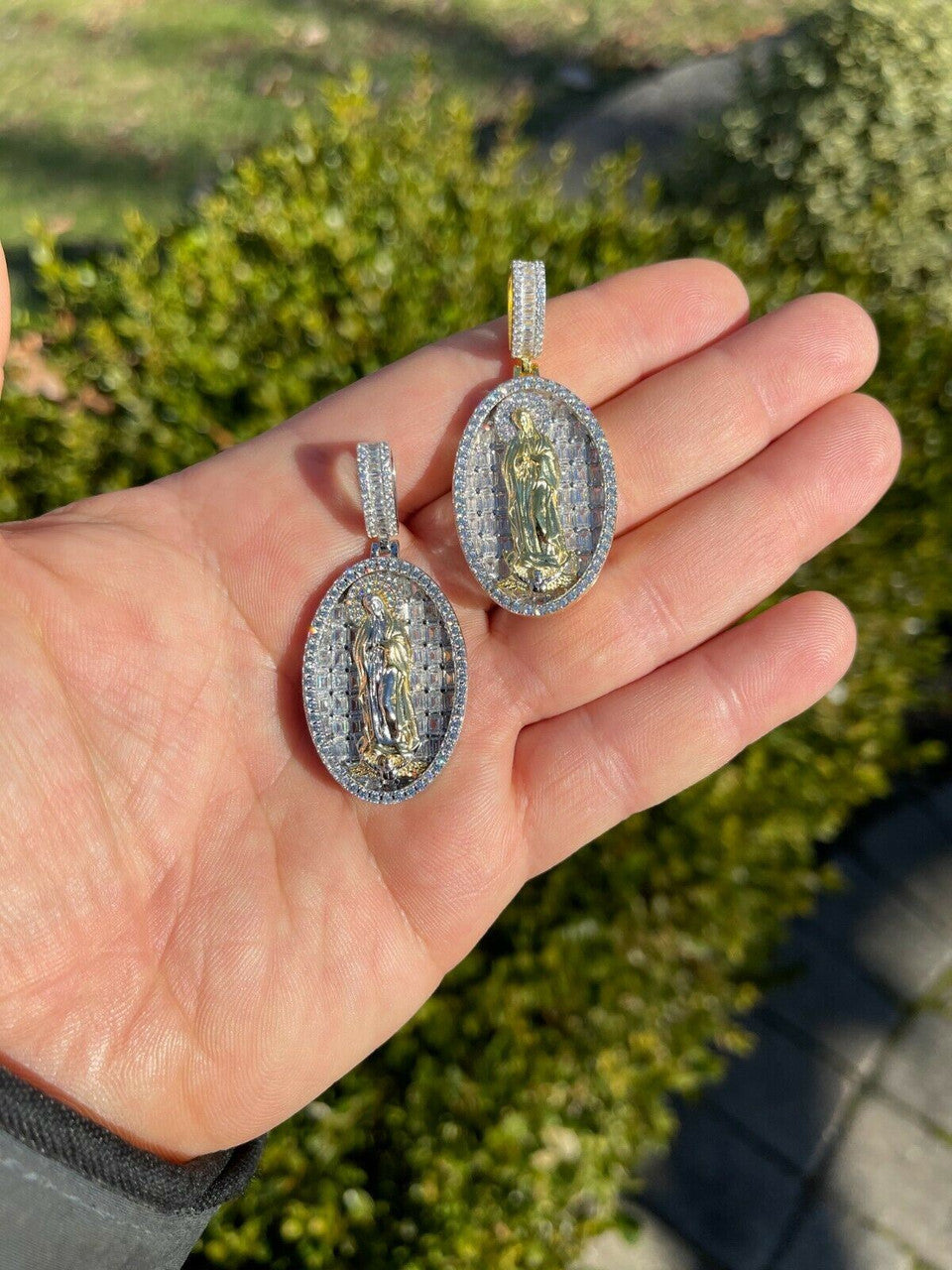 HarlemBling Real 925 Sterling Silver and 14k Gold - Virgin Mary Necklace Iced Diamond Pendant