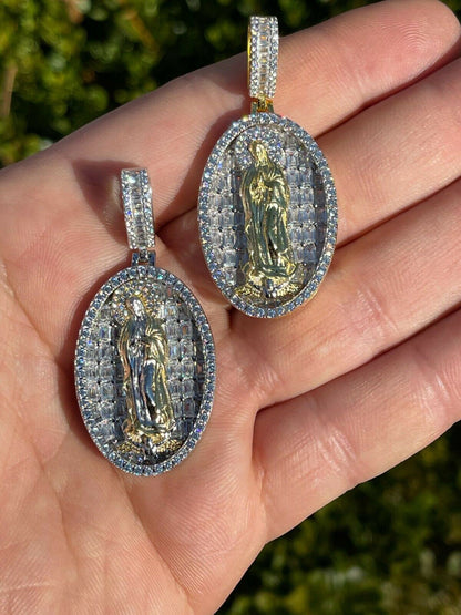 HarlemBling Real 925 Sterling Silver and 14k Gold - Virgin Mary Necklace Iced Diamond Pendant