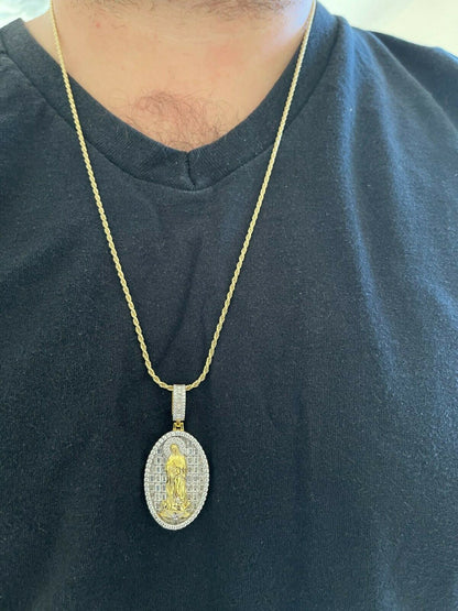 HarlemBling Real 925 Sterling Silver and 14k Gold - Virgin Mary Necklace Iced Diamond Pendant