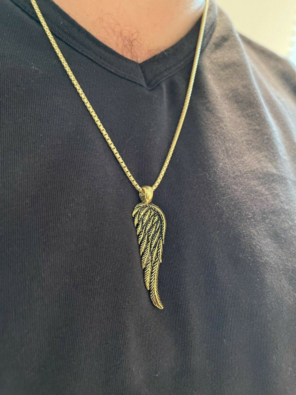 HarlemBling Real 925 Sterling Silver Angel Wing Feather Pendant Necklace Gold Mens Womens
