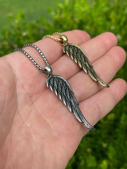 HarlemBling Real 925 Sterling Silver Angel Wing Feather Pendant Necklace Gold Mens Womens