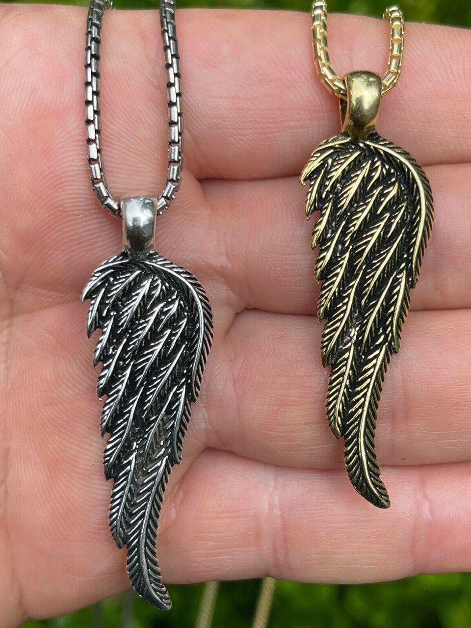 HarlemBling Real 925 Sterling Silver Angel Wing Feather Pendant Necklace Gold Mens Womens
