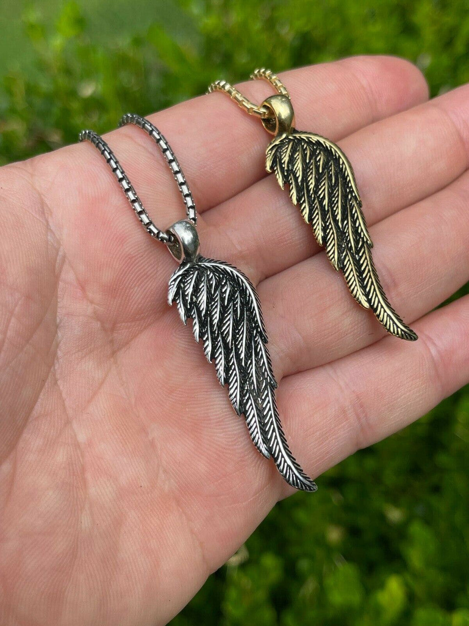 HarlemBling Real 925 Sterling Silver Angel Wing Feather Pendant Necklace Gold Mens Womens